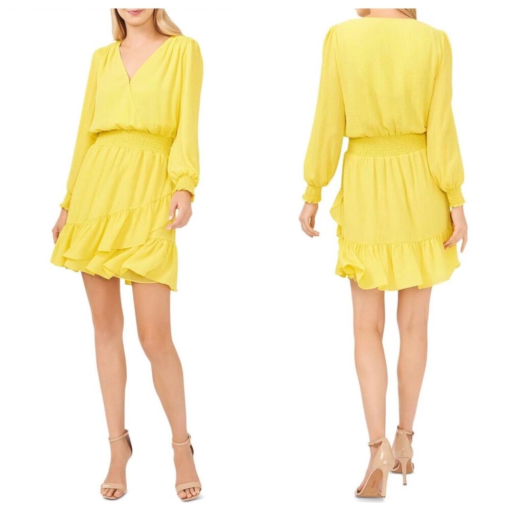 VINCE CAMUTO Citrus Splash Chiffon Frock Ruffle Mini Dress Bright Lemon Med New